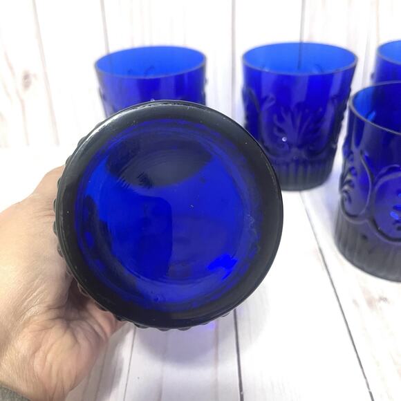 Rare Baroque Revival Cobalt Blue Pressed Old Fashioned Glasses MCM Portuguese 5 - Picture 4 of 10